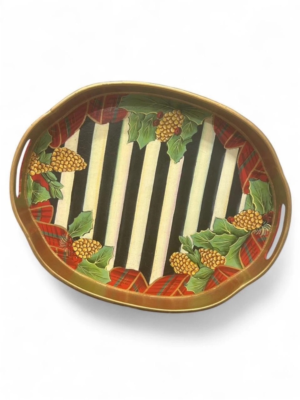 MacKenzie-Childs Vintage Holiday Oval Lacquer Tray • Plaid Holly Courtly Stripe